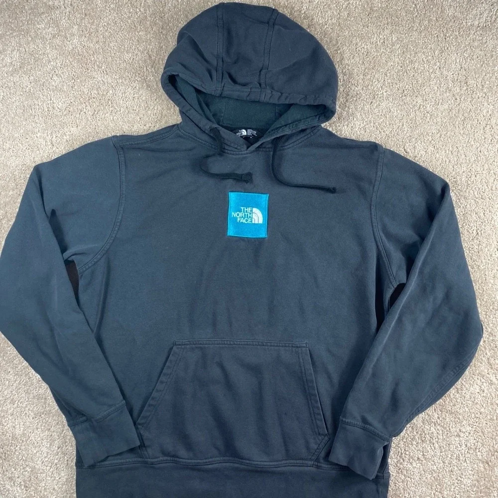 The North Face Mens Box Logo Hoodie Black‎ Turquoise Blue Pullover Medium